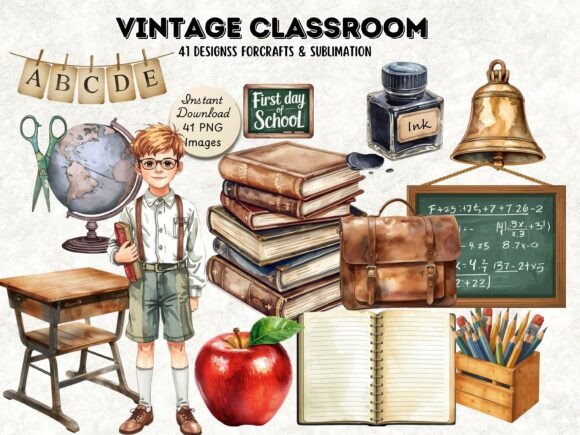 Bringing Nostalgia to Life with the Watercolor Vintage Schoolroom PNG Bundle