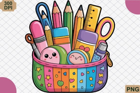 Colorful Pencil Case with Supplies PNG