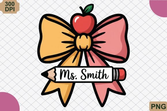 Custom Teacher Name Apple Bow Pencil PNG