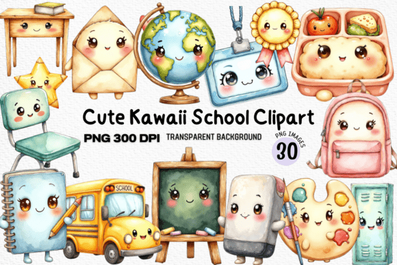 Cute Kawaii School Clipart PNG Bundle