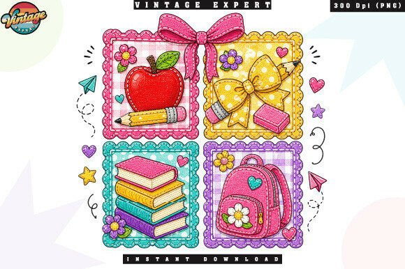 Cute School Supplies Patchwork PNG for Creative Projects